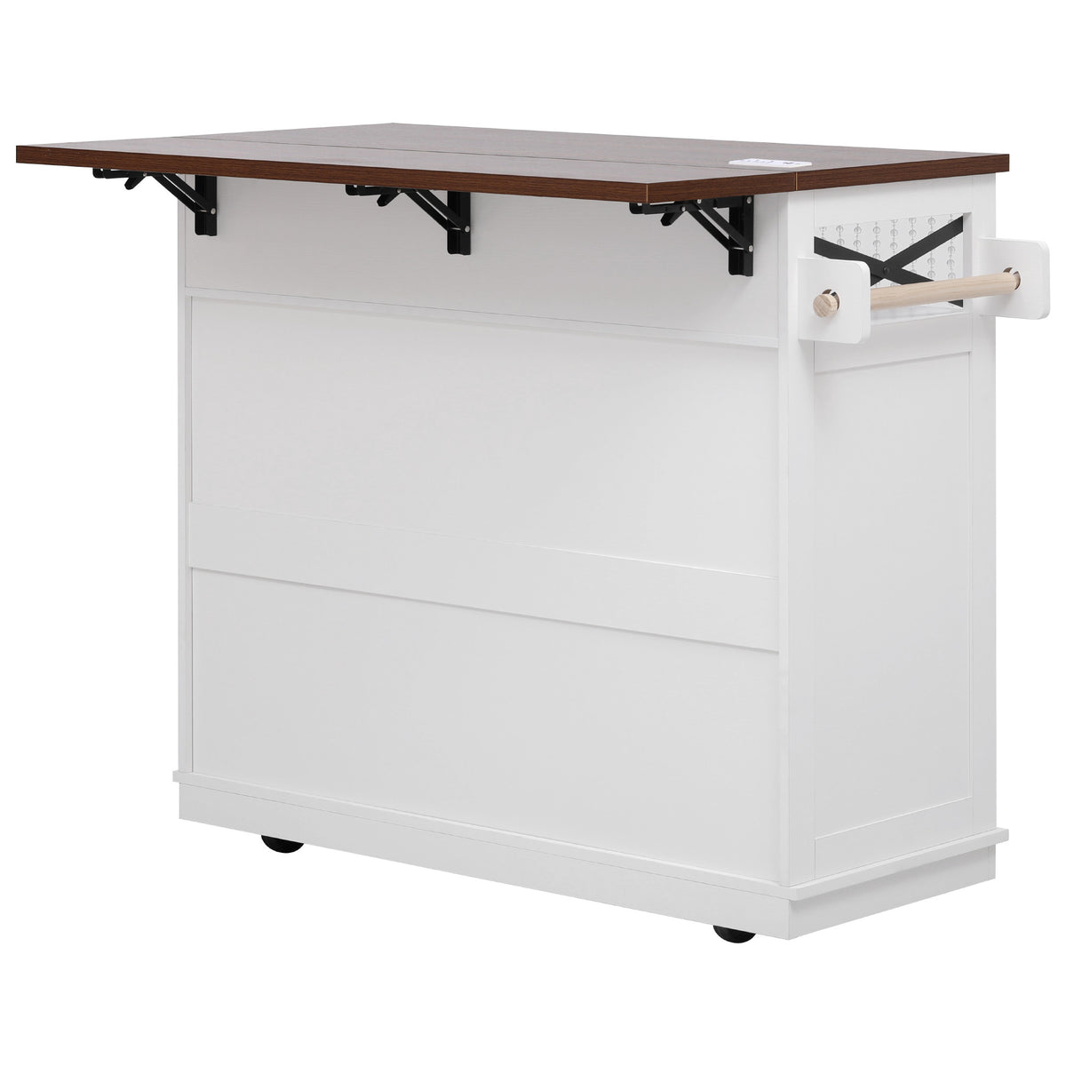 variant-group:rf-n707p254872w|Roomfitters 46.5" Rolling Kitchen Island with Drop Leaf, Mobile Cart with 2 AC Outlets & USB, Beaded Drape & 3 Drawers, White