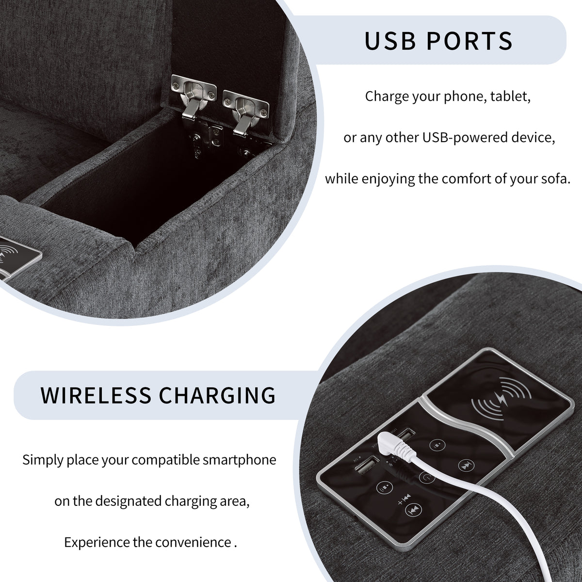 variant-group:rf-n711wy000413aae|Roomfitters Upholstered Modular Sofa with Storage Space, USB Charging Ports, Wireless Charging, Built-in Bluetooth Speaker, Sectional Sofa for Living Room and Apartment, Gray
