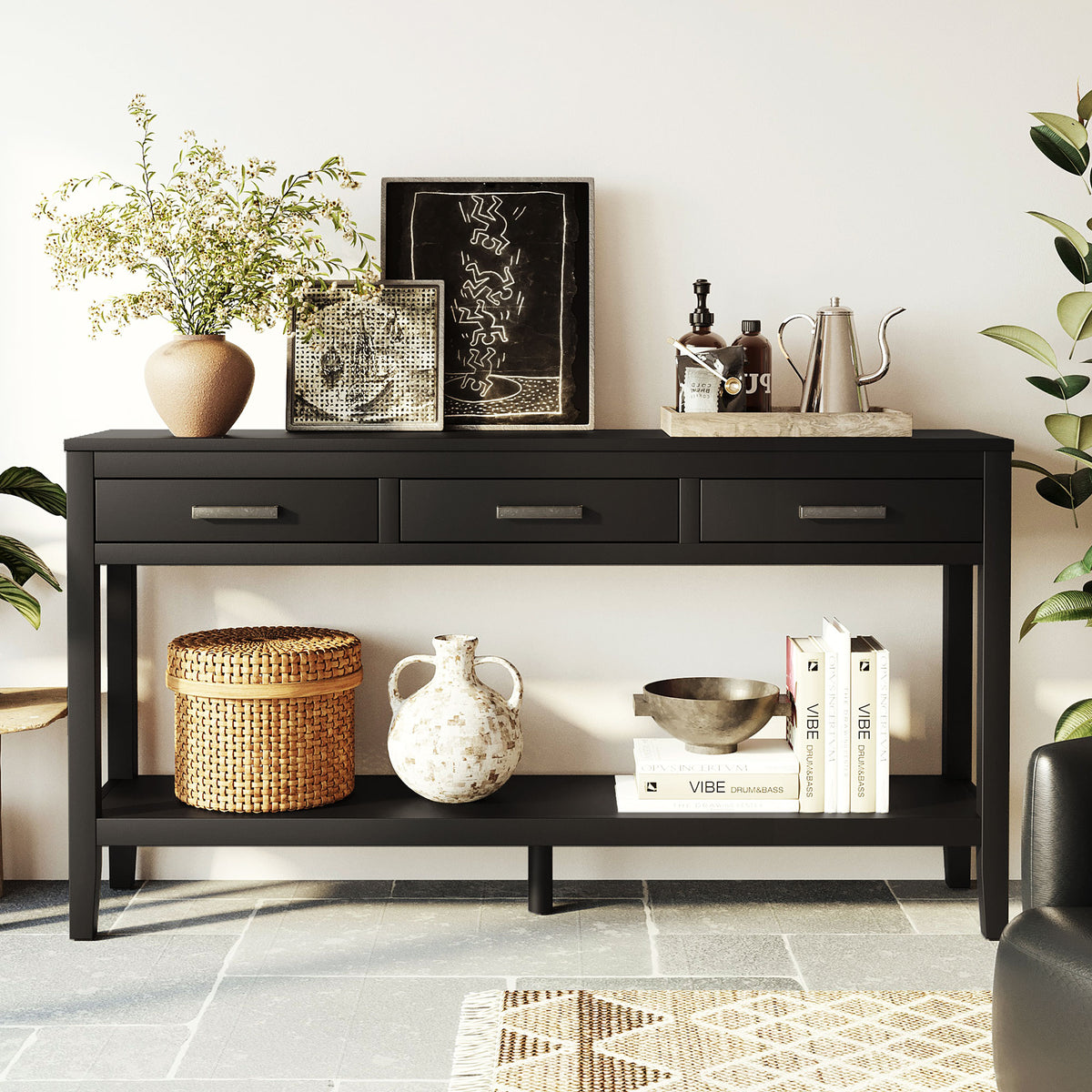 variant-group:rf-n711p410445b|Roomfitters 59.1" Farmhouse Entryway Table with 3 Drawers, Slim Console Sofa Table with Open Shelf for Hallway, Black