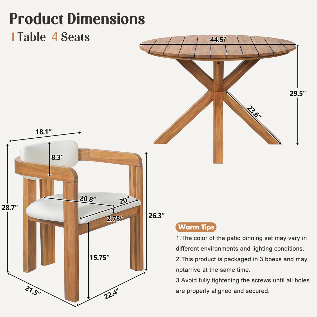 variant-group:rf-n704g201258a|Roomfitters 5-Piece Outdoor Acacia Wood Round Dining Set with Ergonomic Barrel Armchairs Beige Cushions