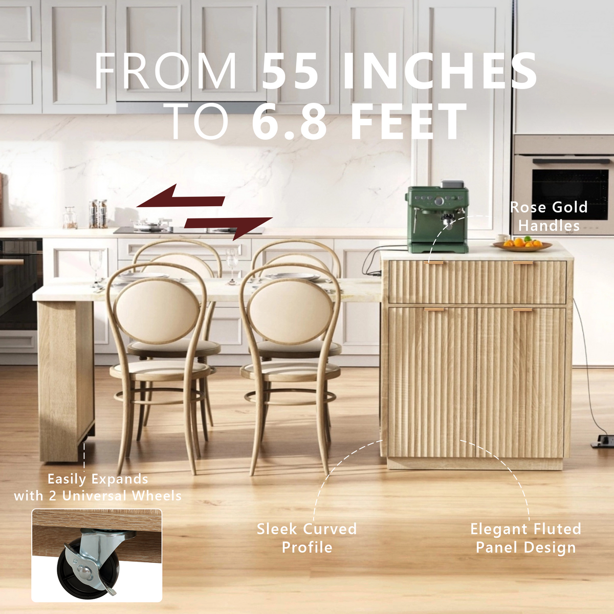variant-group:rf-n707s000018y|Roomfitters 82.6" Fluted Kitchen Island with 51" Extendable Dining Table for 4-6, Power Outlet, Natural