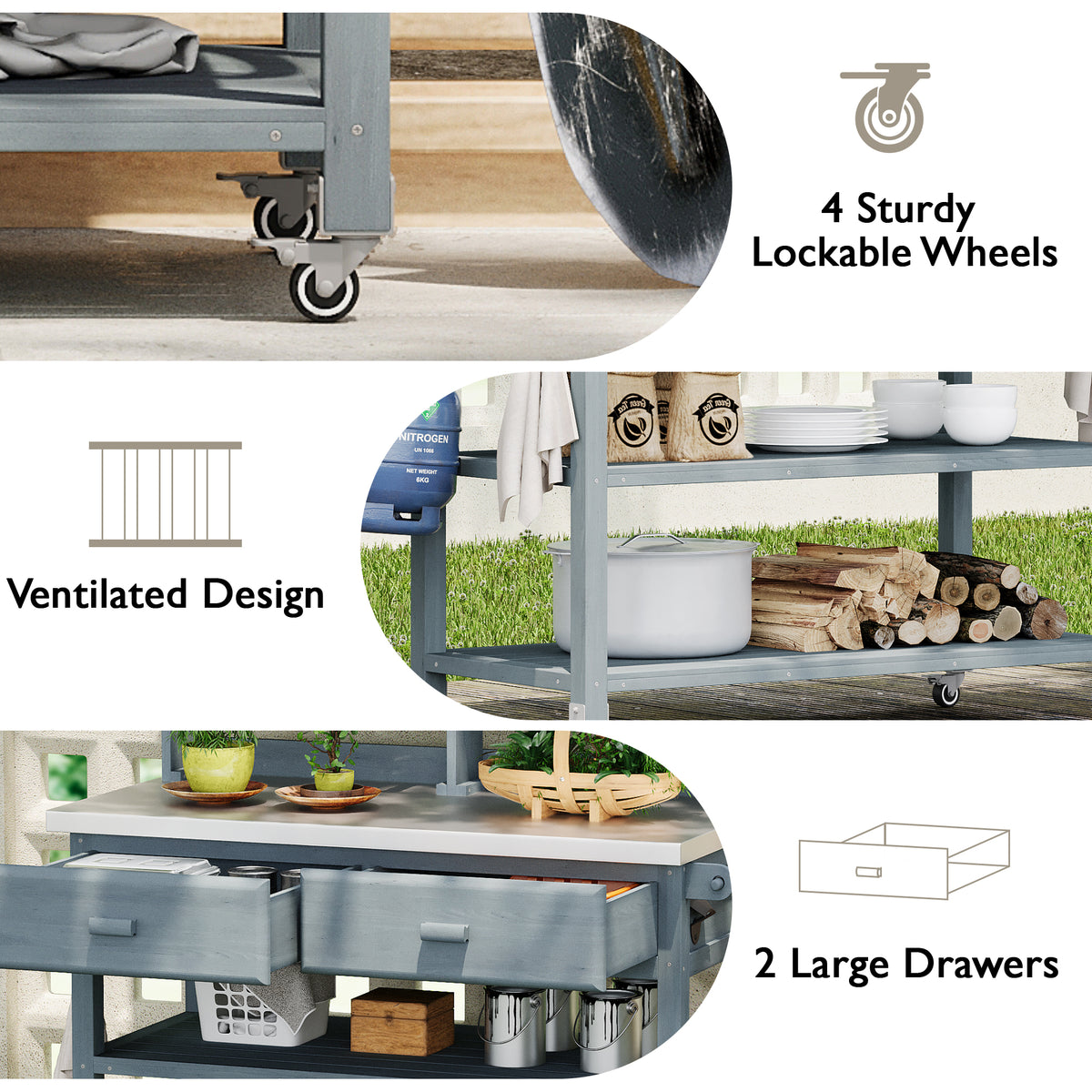 variant-group:rf-n707p228274g|Roomfitters 64.9" Outdoor Potting Bench Table, Rolling Kitchen Island with Hutch, Stainless Steel Top, Storage, Grey Blue