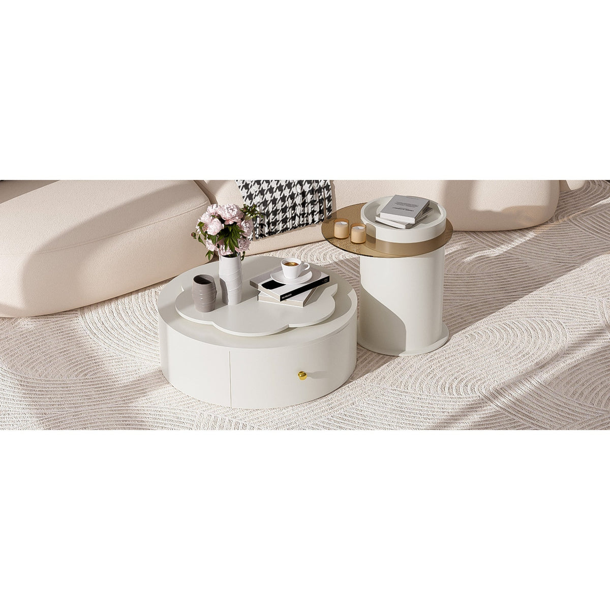 Roomfitters Rotatable Round Coffee Table Set of 2 with Flower-Shaped Top and Glass End Table, Off White Roomfitters