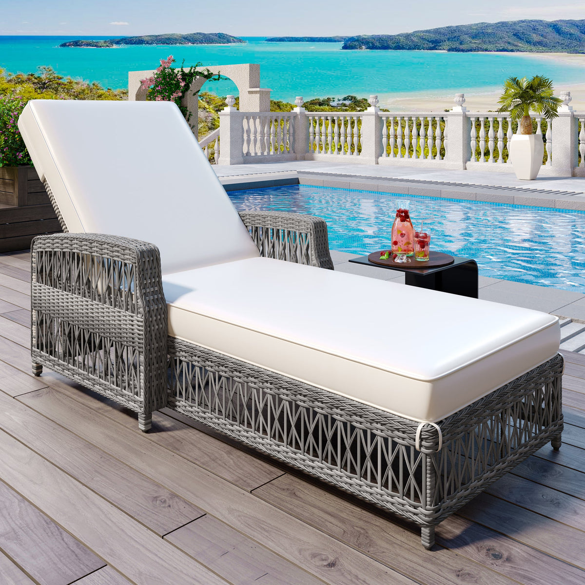 Roomfitters Outdoor Reclining Chaise, Wicker Lounge Chair with Armrests & Soft Cushions, Adjustable Poolside Recliner, Beige Roomfitters