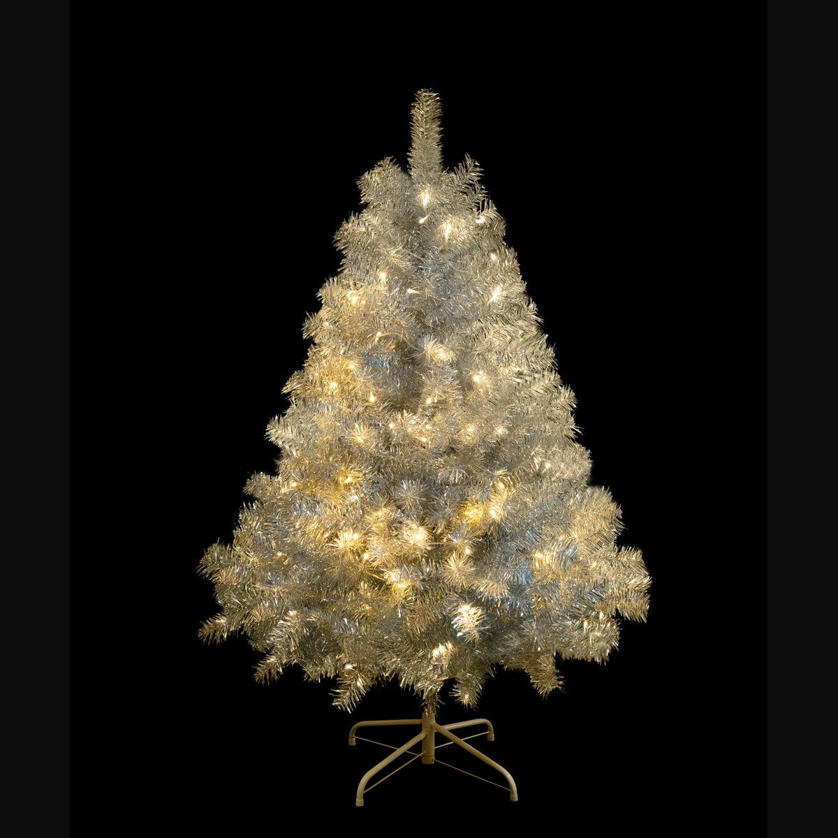 Roomfitters Pre-Lit Artificial Christmas Tree 4FT, Full Hinged Holiday Tree with Metal Stand, Warm Lights, 400 Tips, Silver Roomfitters
