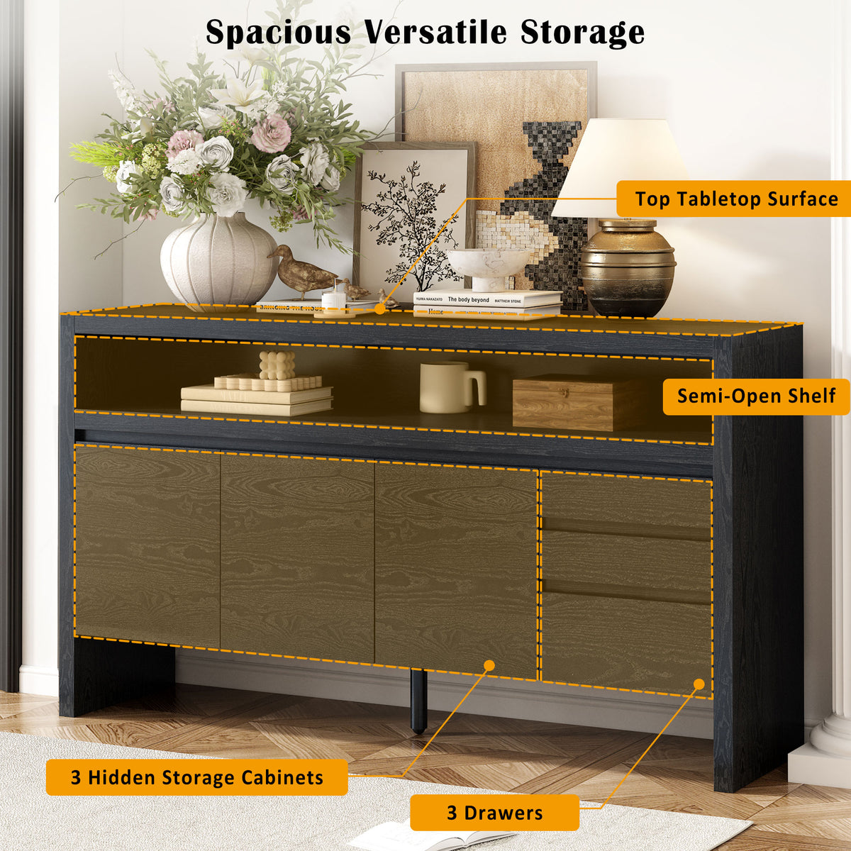 variant-group:rf-n711p289141b|Roomfitters 60" Modern Solid Wood Veneer Sideboard with 3 Doors & 3 Drawers, Open Shelf & Cable Cutout, Large Storage Cabinet for Dining, Hallway, Living Room, Black