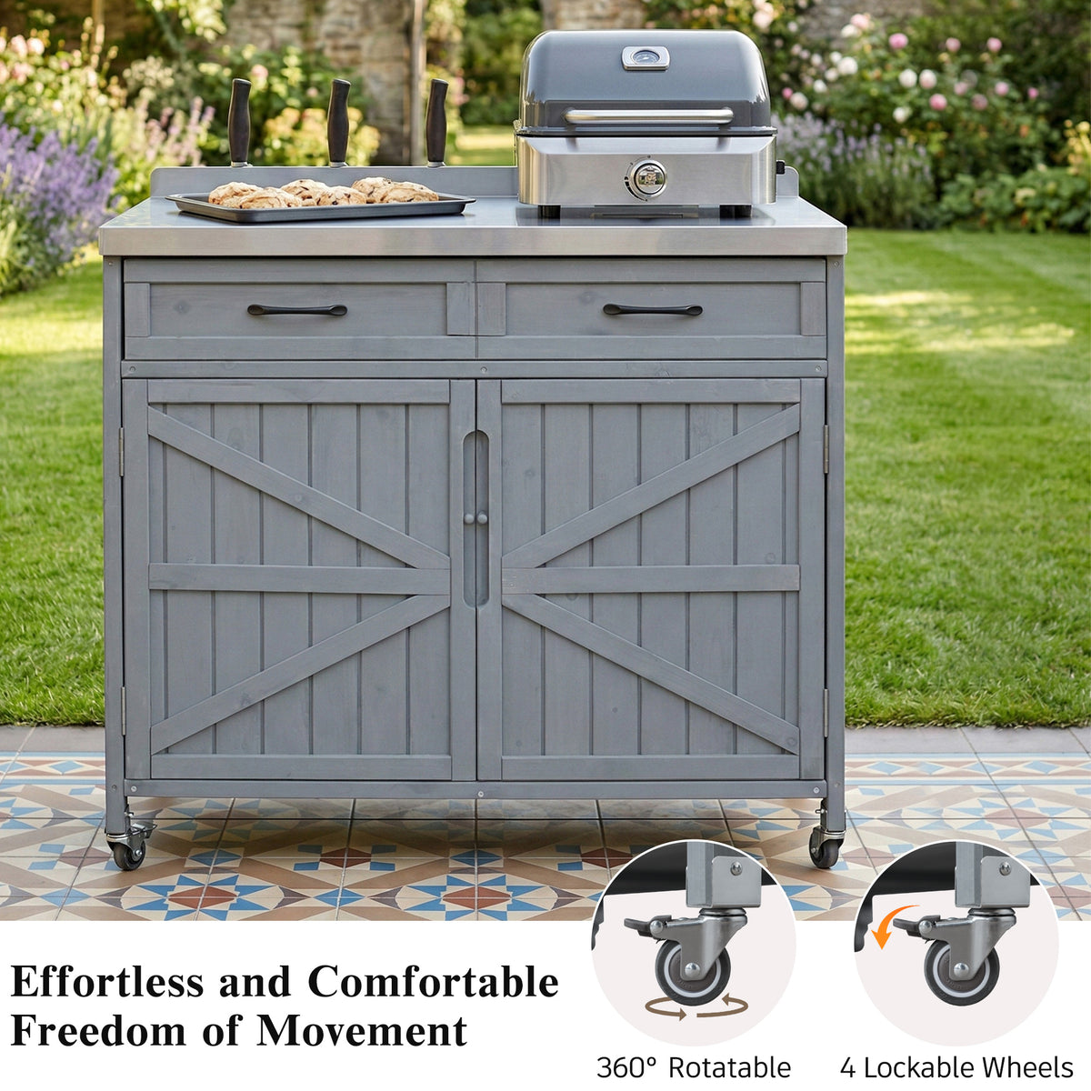 variant-group:rf-n707p370273g|Roomfitters 39.4" Grill Cart, Outdoor Kitchen Island with Stainless Steel Top, BBQ Prep Station with Storage Cabinet, Grey+Blue