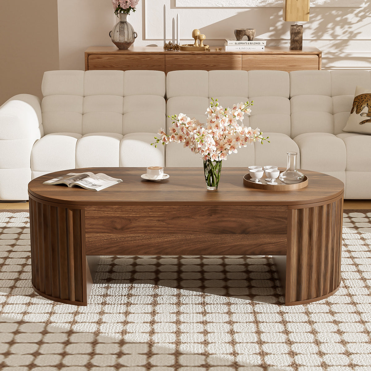 variant-group:rf-n724p308481d|Roomfitters Oval Lift-Top Coffee Table with Hidden Compartment, Wooden Center Table with Storage, Modern Design, Brown