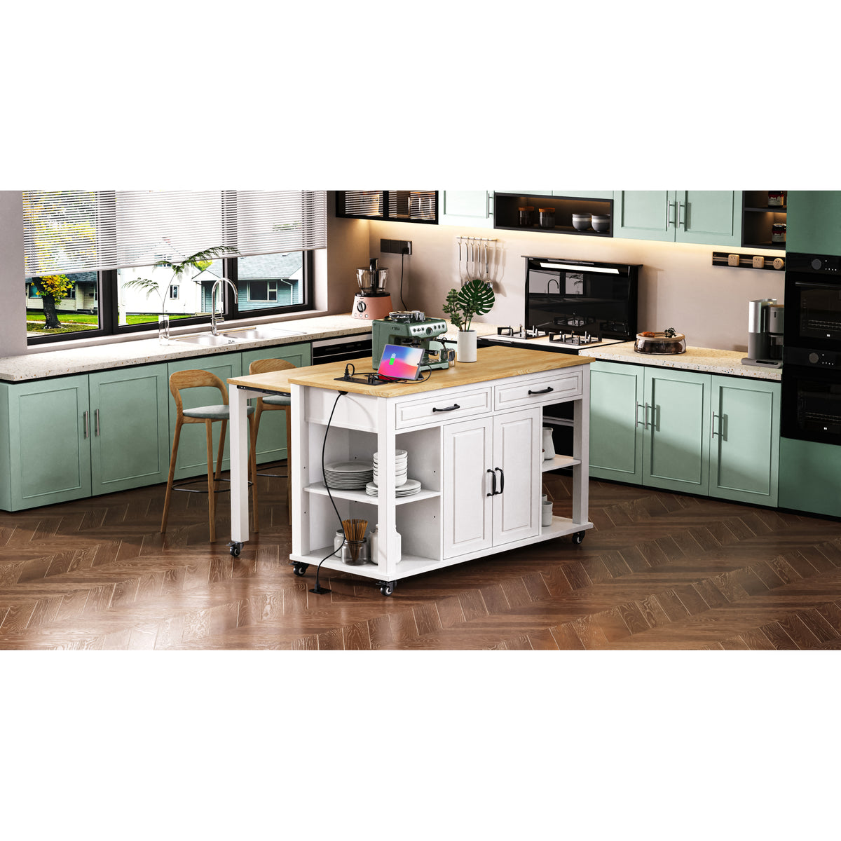 variant-group:rf-n707p215327w|Roomfitters 47" Kitchen Island with Extendable Dining Table, Storage Cabinet, Power Outlet, Rubber Wood Veneer, White