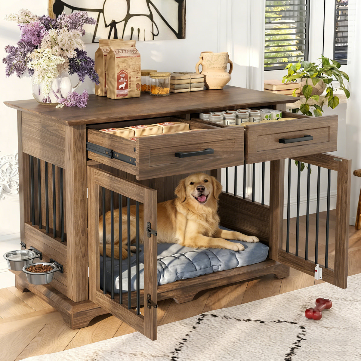 variant-group:rf-n704p379112d|Roomfitters 44-Inch Decorative Dog Crate Furniture Indoor Wooden Kennel End Table with 360 Rotating Bowls Brown