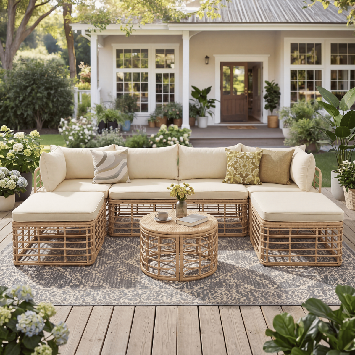 Roomfitters 7-Piece Contemporary Hollow-Woven Rattan Sectional Sofa Set with Round Coffee Table Brown Roomfitters