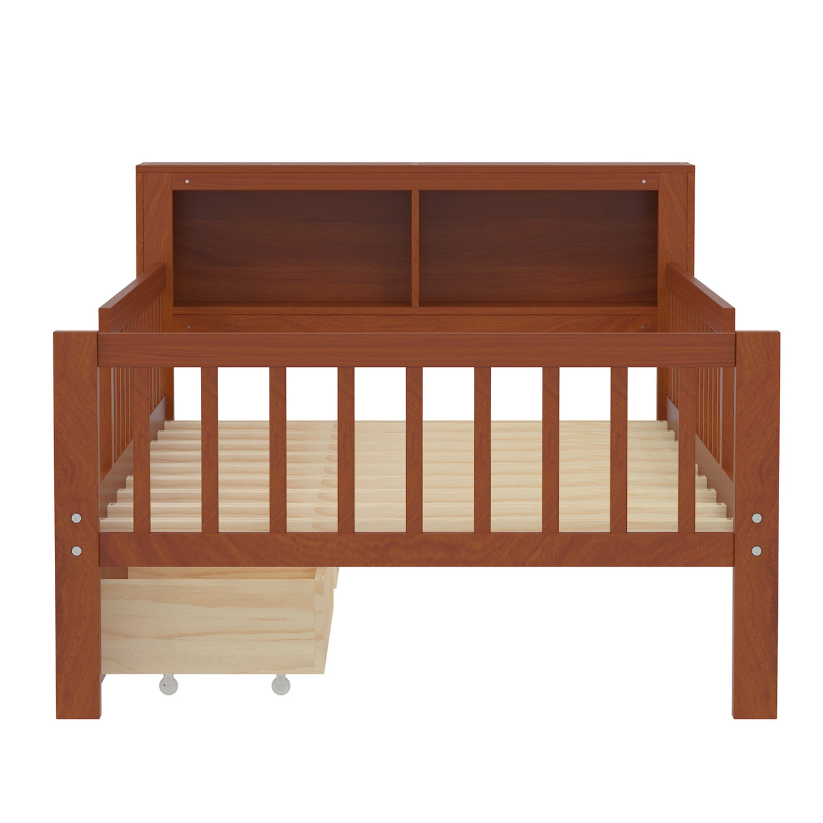 variant-group:rf-n733p272374d|Roomfitters Twin Bed with Headboard Storage Rack, Under-Bed Storage and Three-Side Guardrails, Walnut