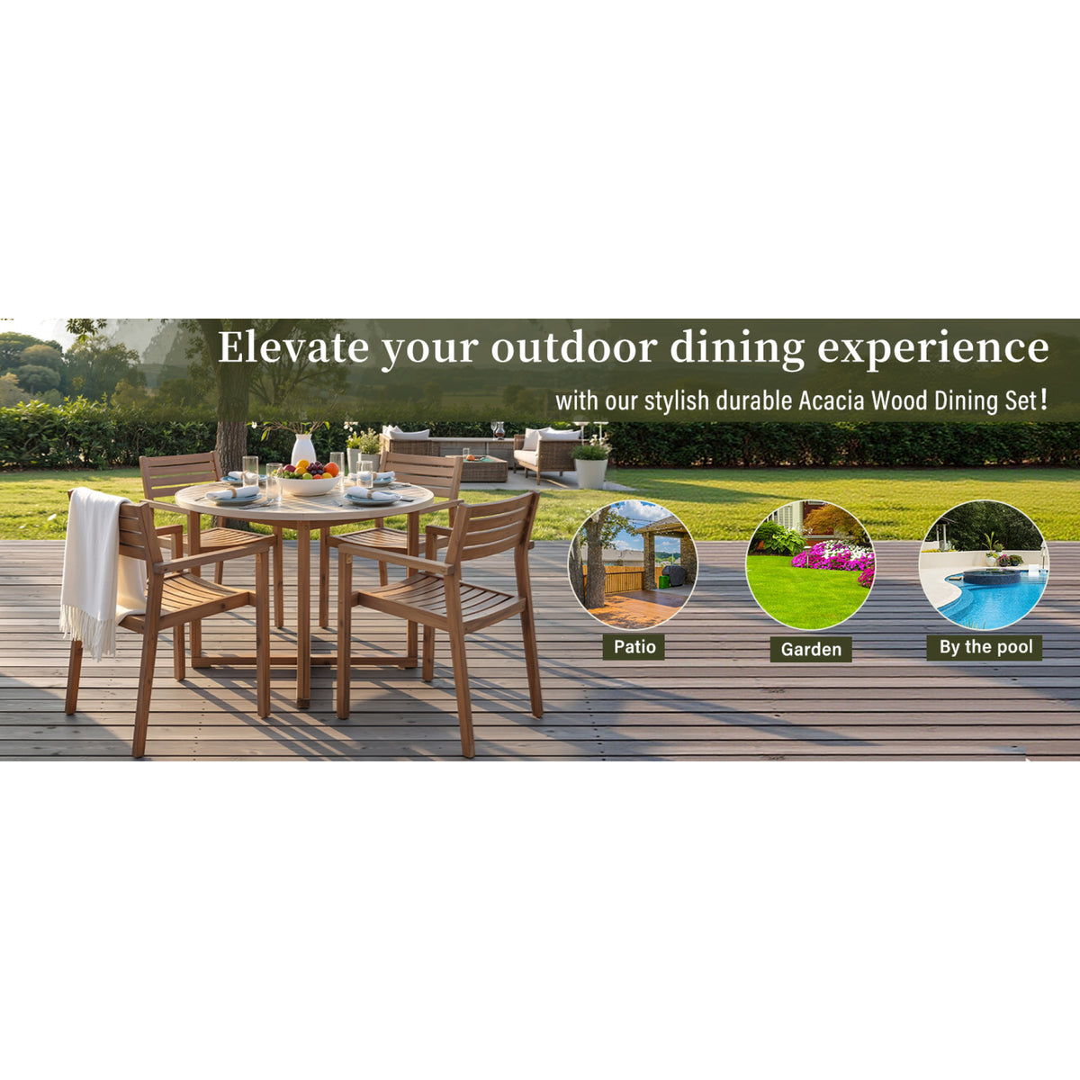 variant-group:rf-n711wy000475aad|Roomfitters 5-Piece Outdoor Dining Set for 4, 47.2-Inch Round Acacia Wood Table, Light Grey Slatted Patio Group