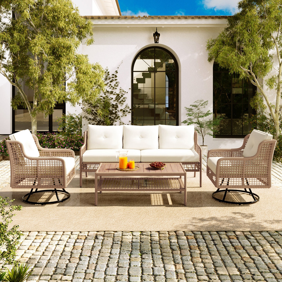Roomfitters 4-Piece Patio Furniture Set with 360-Degree Swivel Rocking Chairs and Storage Coffee Table Beige Roomfitters