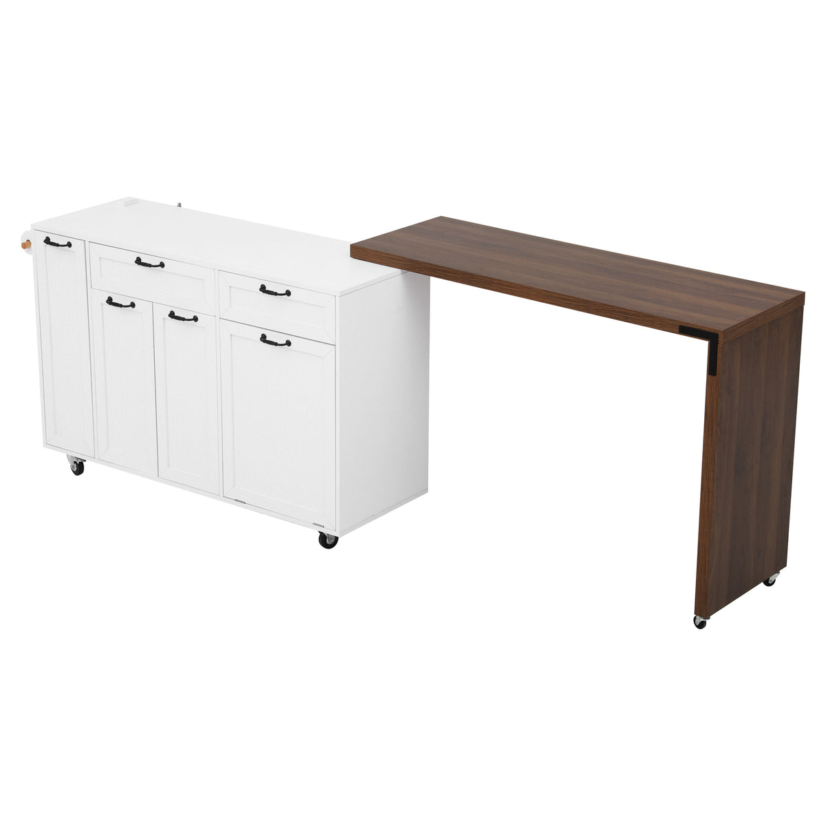 variant-group:rf-n707s000026w|Roomfitters 102.3" Kitchen Island with Tilt Out Trash Can Cabinet, Rolling Storage Cart, Slide-out Spice Rack, White
