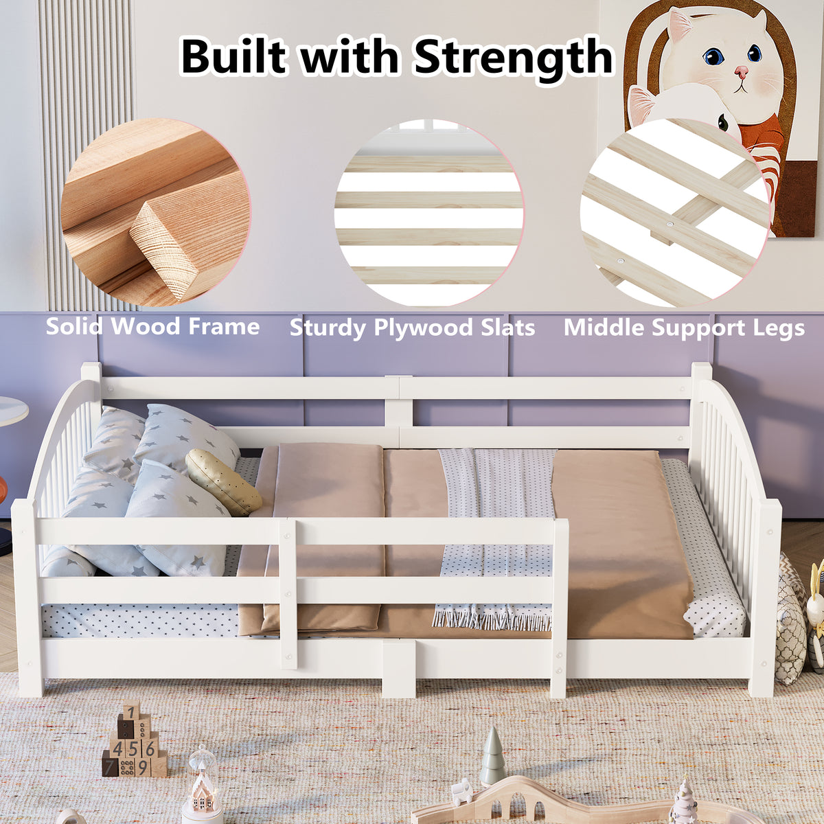variant-group:rf-n733p400299k|Roomfitters Full Montessori Floor Bed with Guardrails, Solid Wood Low Platform Bed with Slats, Easy Assembly, White