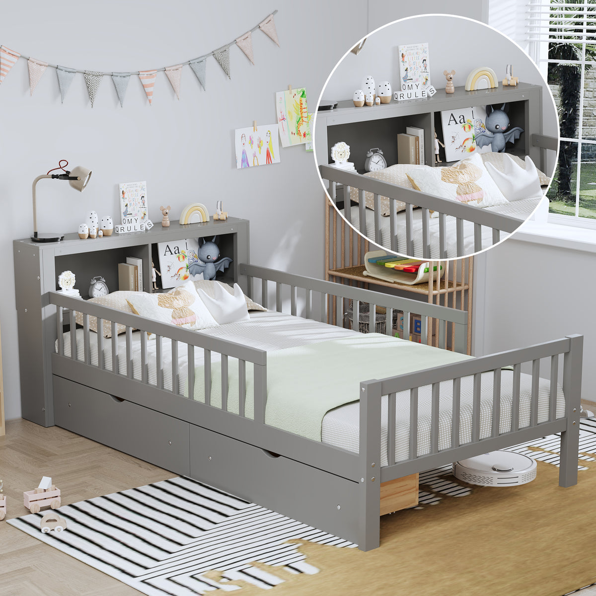 variant-group:rf-n733p272374e|Roomfitters Twin Bed with Headboard Storage Rack, Under-Bed Storage and Three-Side Guardrails, Gray