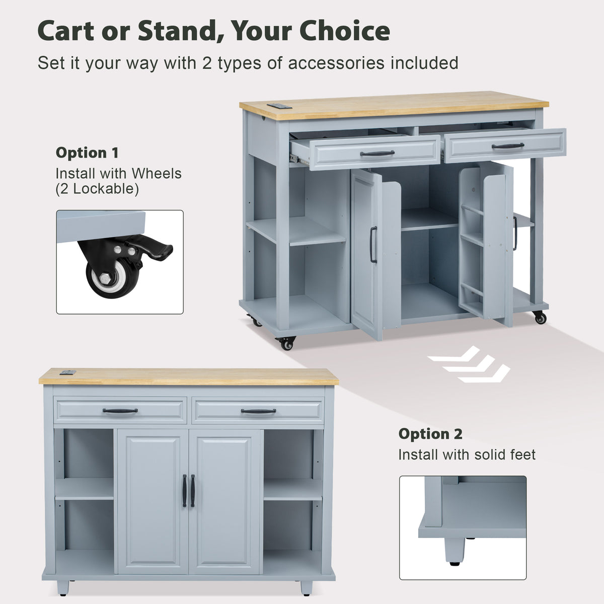 variant-group:rf-n707p215327g|Roomfitters 47" Kitchen Island with Extendable Dining Table, Storage Cabinet, Power Outlet, Rubber Wood Veneer, Grey Blue