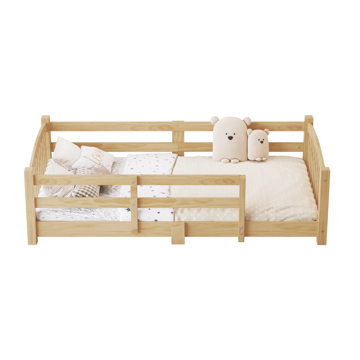 variant-group:rf-n733p400298n|Roomfitters Twin Montessori Floor Bed with Guardrails, Solid Wood Low Platform Bed with Slats, Easy Assembly, Natural