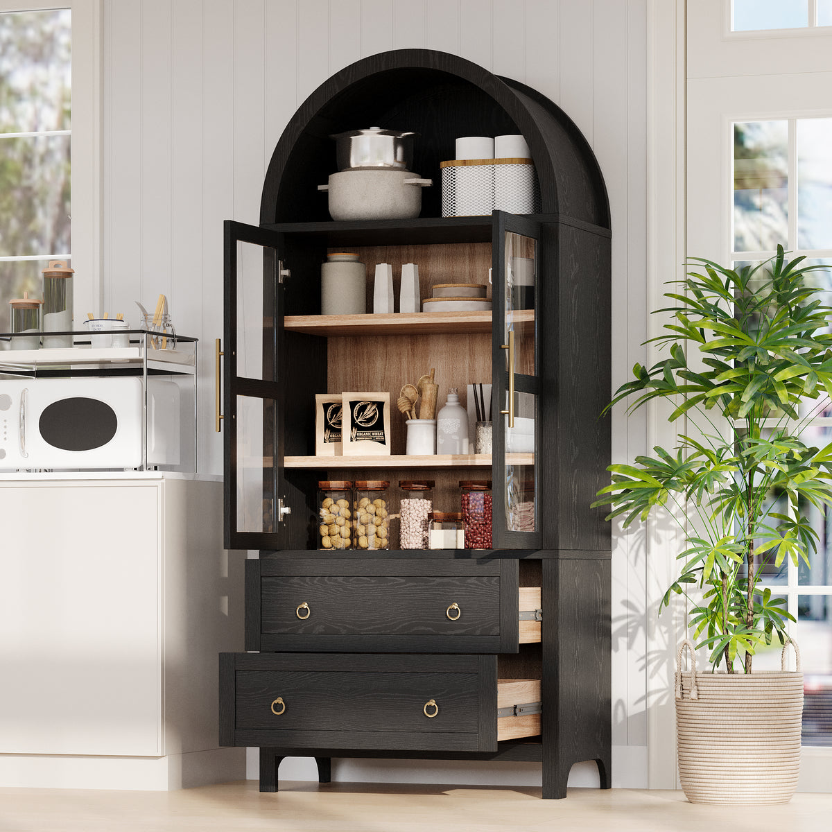variant-group:rf-n707p288972b|Roomfitters 71" Pantry Cabinet with Arched Top and Glass Doors, 2 Storage Drawers and Adjustable Shelves for Kitchen, Black