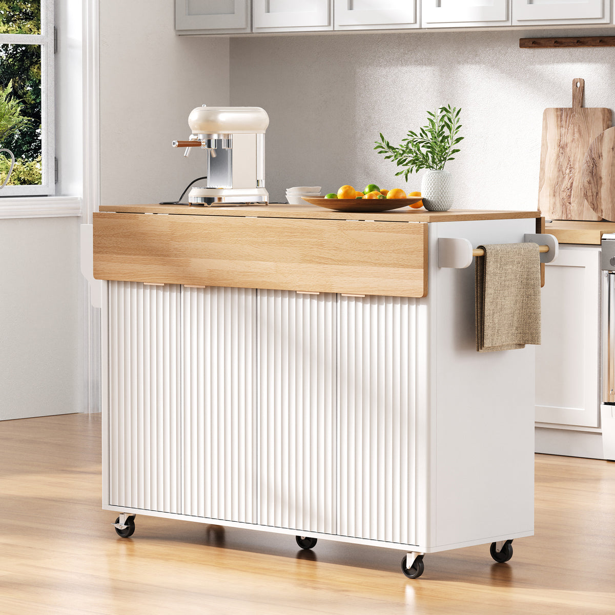variant-group:rf-n707p353934w|Roomfitters 55.5" Fluted Kitchen Island with Double Drop Leaf, White Storage Cart with Power Outlet & Wood-grain Top