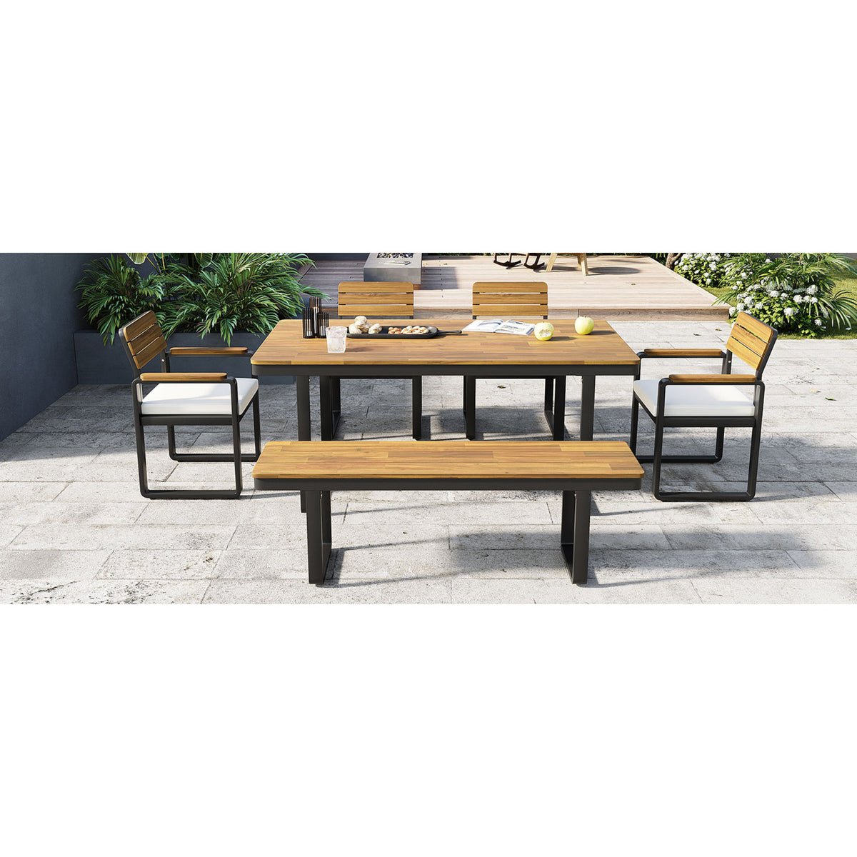 variant-group:rf-n704g201255a|Roomfitters 6-Piece Solid Acacia Wood Patio Dining Set with Steel Frames and Cushion Chairs Beige