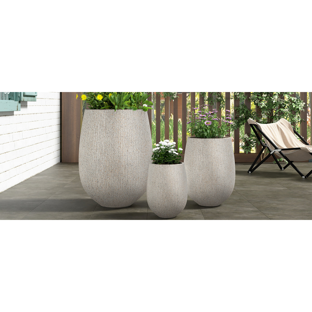 variant-group:rf-n711p406659e|Roomfitters Modern Egg-Shaped MGO Planter Set, 3-Piece Textured Faux Stone Flower Pots, Grey Patio Garden Urns