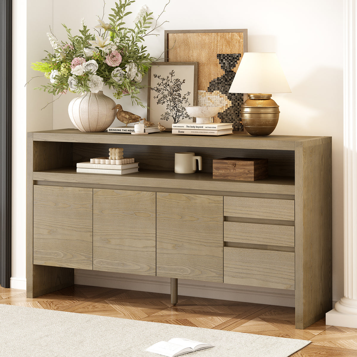 variant-group:rf-n711p289141o|Roomfitters 60" Modern Solid Wood Veneer Sideboard with 3 Doors & 3 Drawers, Open Shelf & Cable Cutout, Large Storage Cabinet for Dining, Hallway, Living Room, Natural