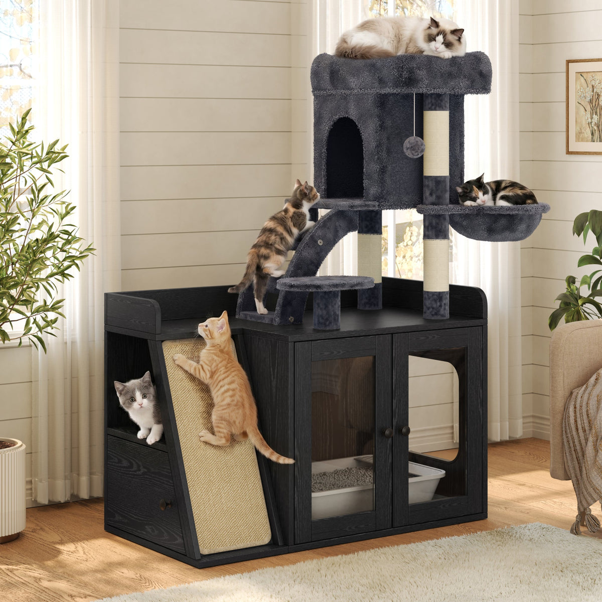 Roomfitters Modular Litter Box Enclosure with Built-In Cat Tree Tower Sisal Scratching Board and LED Light Black Roomfitters