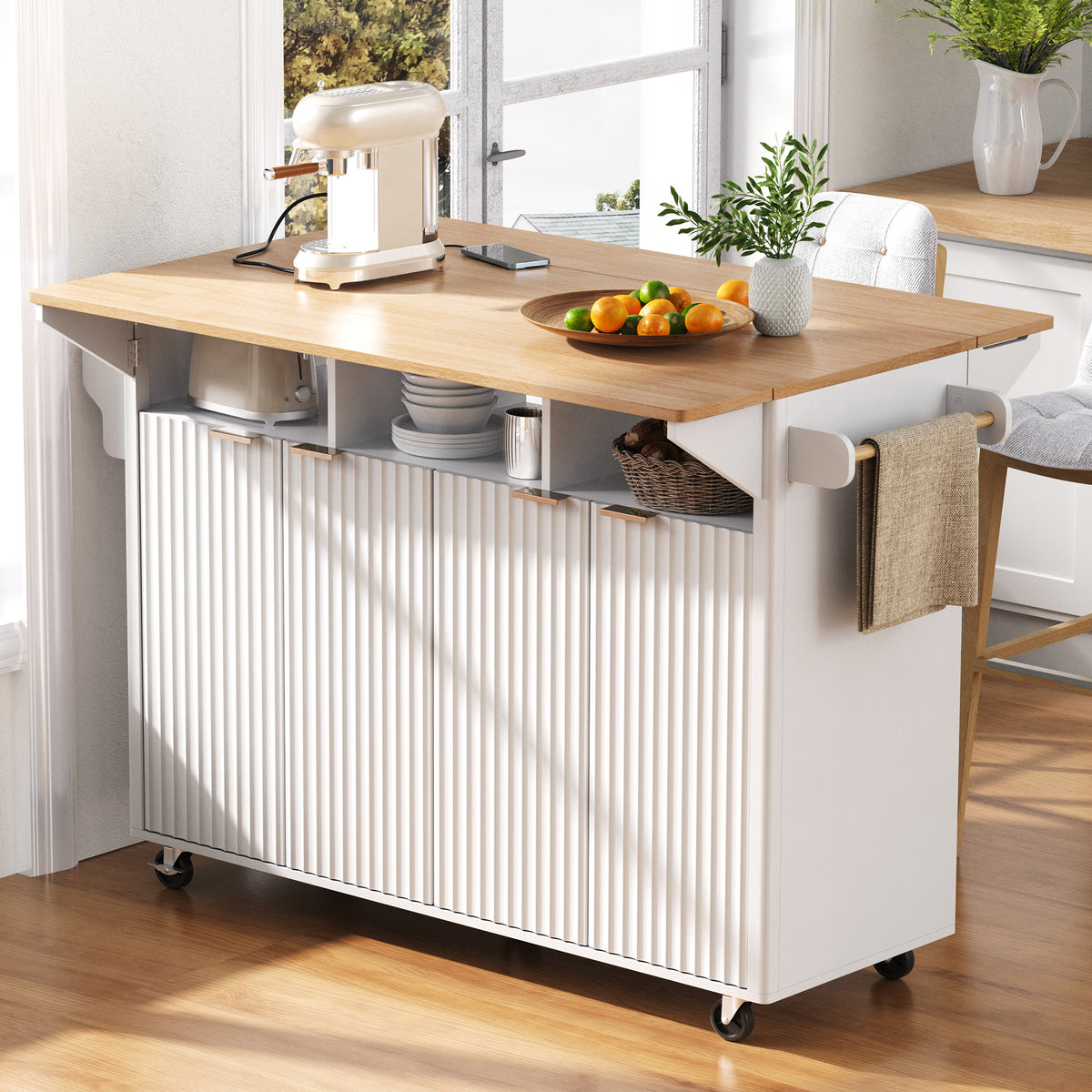 variant-group:rf-n707p353934w|Roomfitters 55.5" Fluted Kitchen Island with Double Drop Leaf, White Storage Cart with Power Outlet & Wood-grain Top