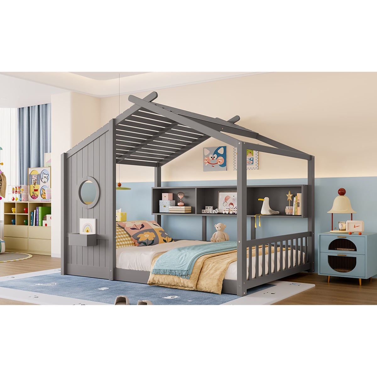 variant-group:rf-n733p335068e|Roomfitters Full Size Floor House Bed with Storage Shelf and Roof Design, Montessori Playhouse Bed, Gray