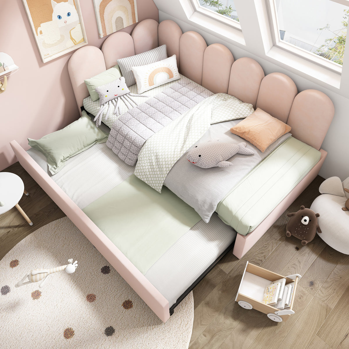 variant-group:rf-n736aa20362122p|Roomfitters Velvet Upholstered Twin Daybed with Pull Out Trundle, Sofa Bed with Metal Slat Frame, Pink