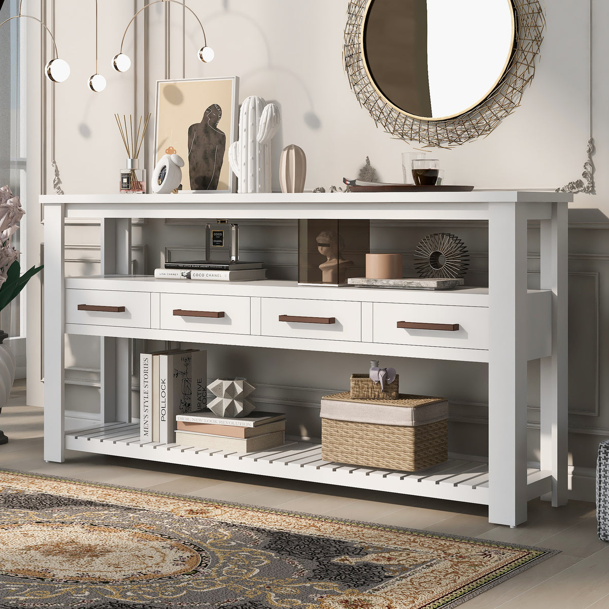 variant-group:rf-n711p410406k|Roomfitters 61.5" Entryway Table with 4 Drawers, 3-Tier Console Sofa Table with Open Shelves for Hallway, White