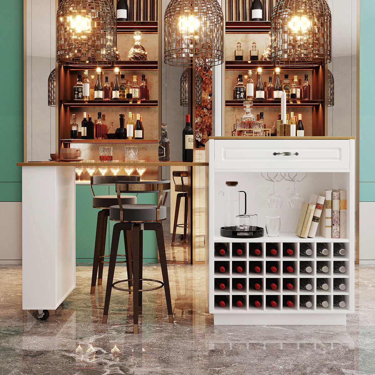 variant-group:rf-n711wy000493aak|Roomfitters White and Natural Wood MDF Extendable Bar Cabinet, Rolling Kitchen Island Table, Wine Rack Storage