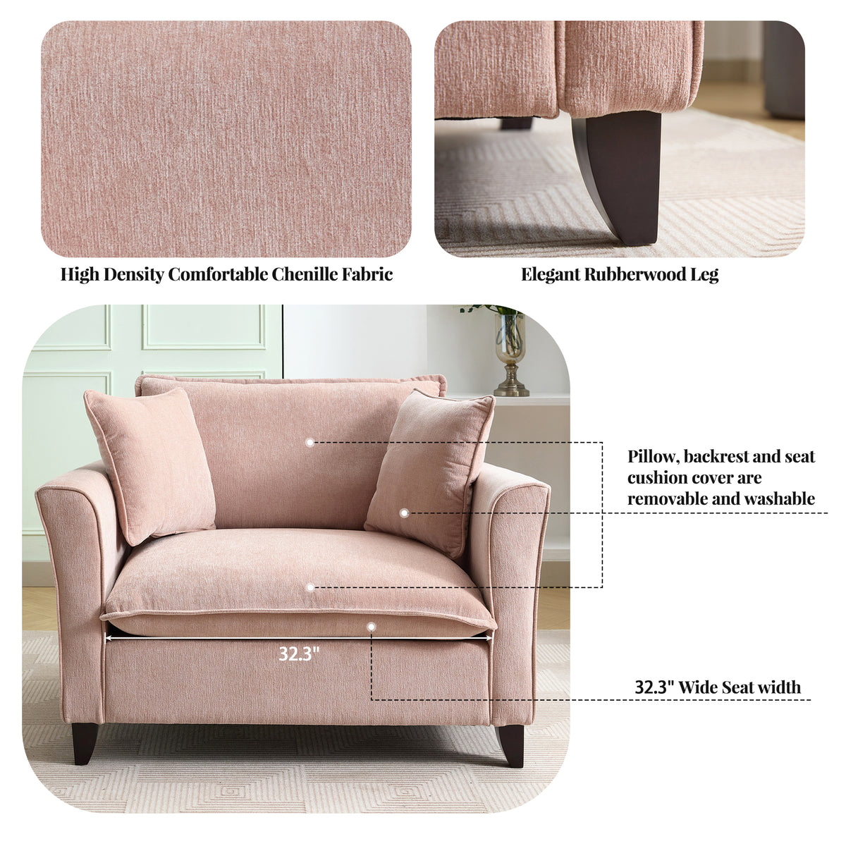 variant-group:rf-n701p379404p|Roomfitters 46.3 Inch Oversized Armchair, Chenille Comfy Accent Chair and a Half Sofa, Rubberwood Legs Pillow, Pink