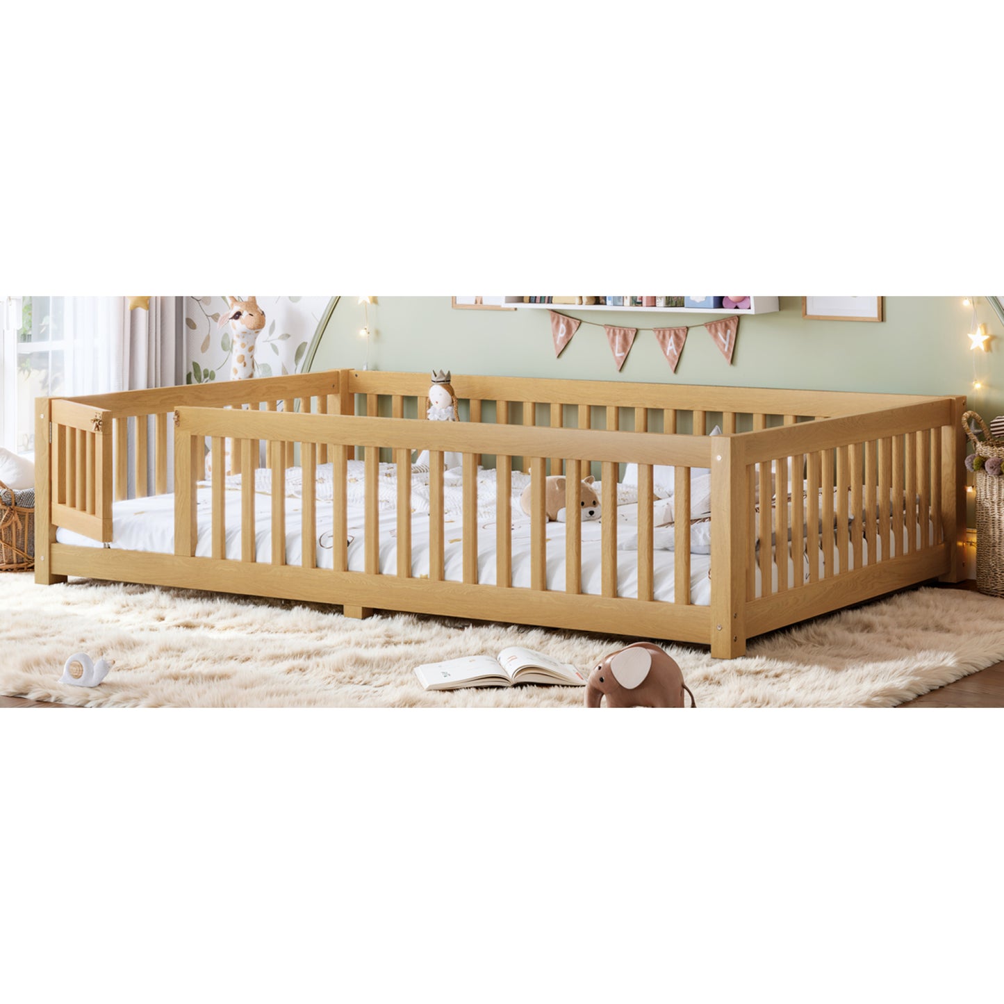 variant-group:rf-w1580p462325|Roomfitters Queen Size Wooden Floor Bed Frame with Safety Guardrails Door, Solid Wood Low Profile Toddler Play Bed, Natural