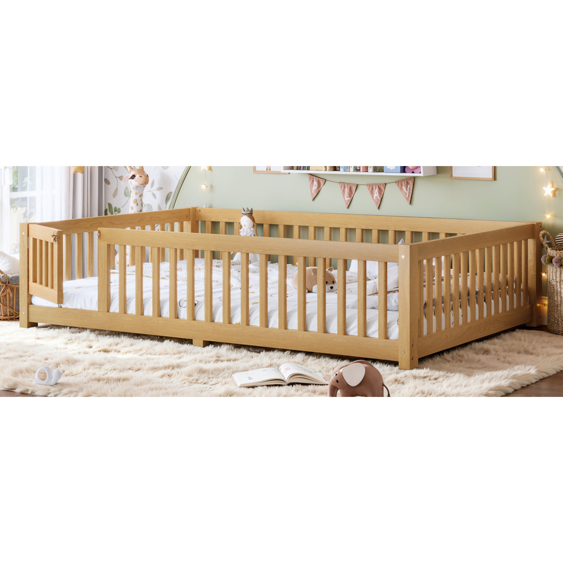 variant-group:rf-w1580p462325|Roomfitters Queen Size Wooden Floor Bed Frame with Safety Guardrails Door, Solid Wood Low Profile Toddler Play Bed, Natural