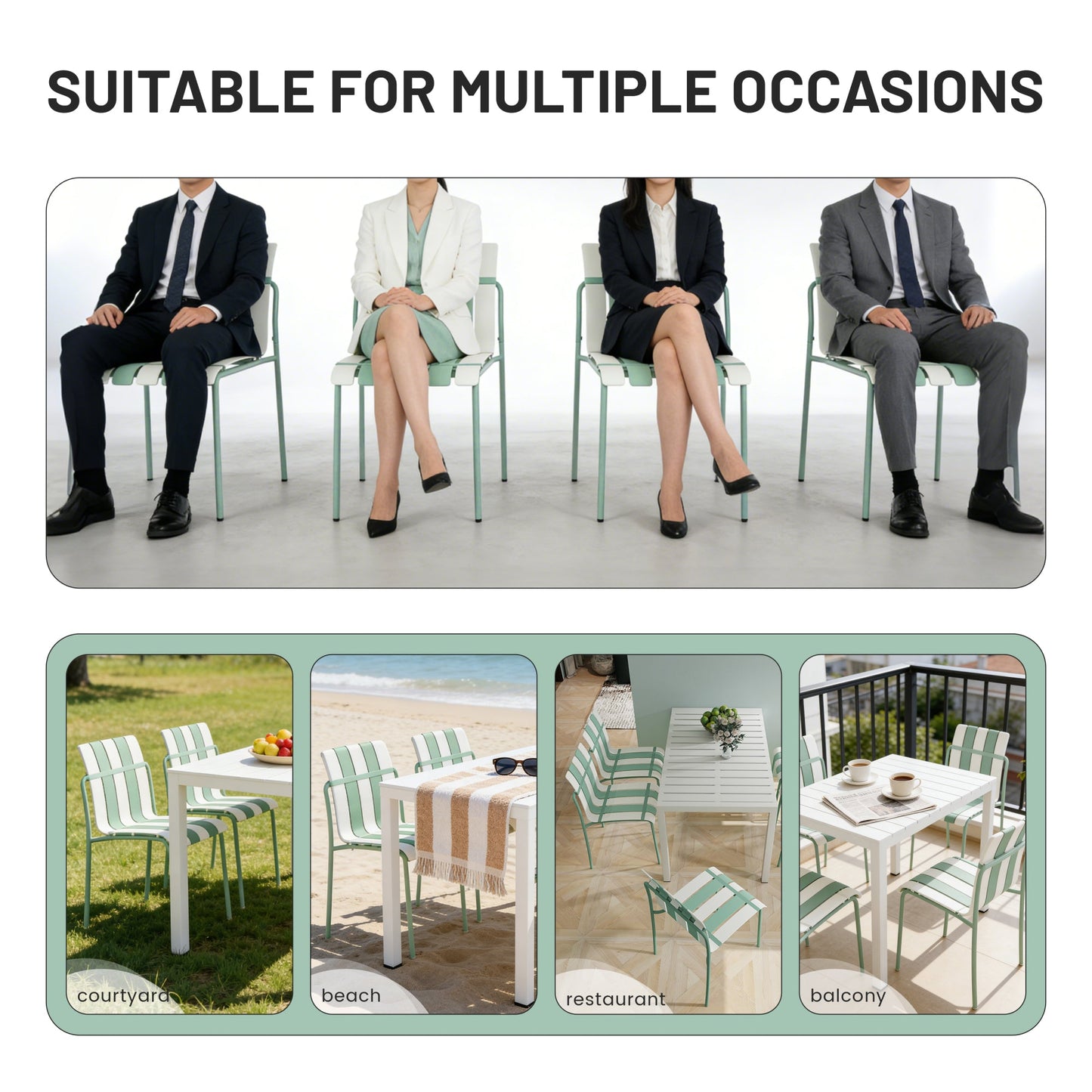 Summer- 4-Pack Modern Striped Color Block Chairs - Waterproof PP Seat & Sturdy Metal Legs, Indoor/Outdoor Dining Set for Patio, Balcony, Café (White & Green) Roomfitters