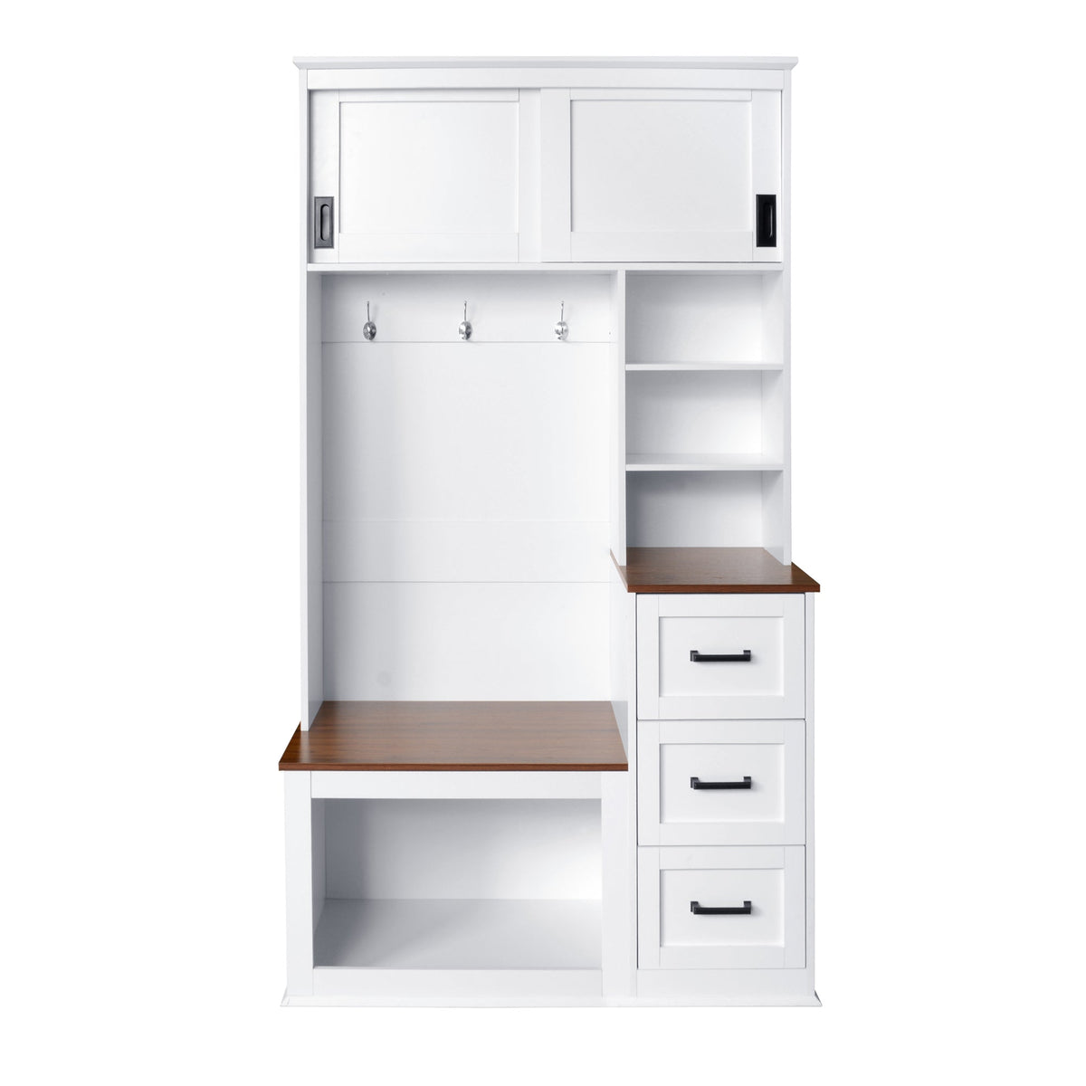 Roomfitters Modern Entryway Hall Tree with Storage Bench, 3 Drawers, White & Walnut Roomfitters