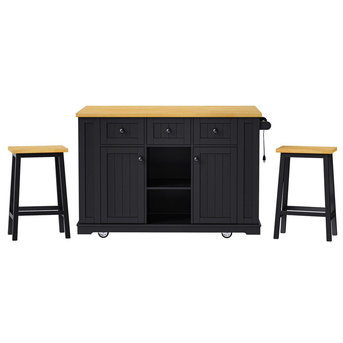 variant-group:rf-n707s003007b|Roomfitters 53" Kitchen Island with 2 Bar Stools, Drop Leaf, Power Outlet, Rolling Kitchen Cart Set with Storage, Black