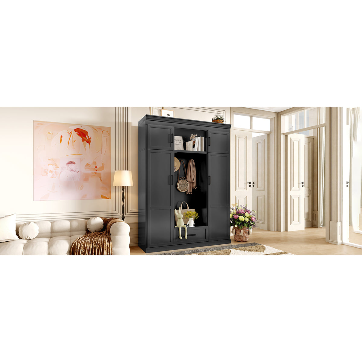 variant-group:rf-n724sj000140aab|Roomfitters 85.2" Hall Tree with Bench, 3 Hooks, 4 Doors, 1 Drawer and Adjustable Storage Shelves, Black