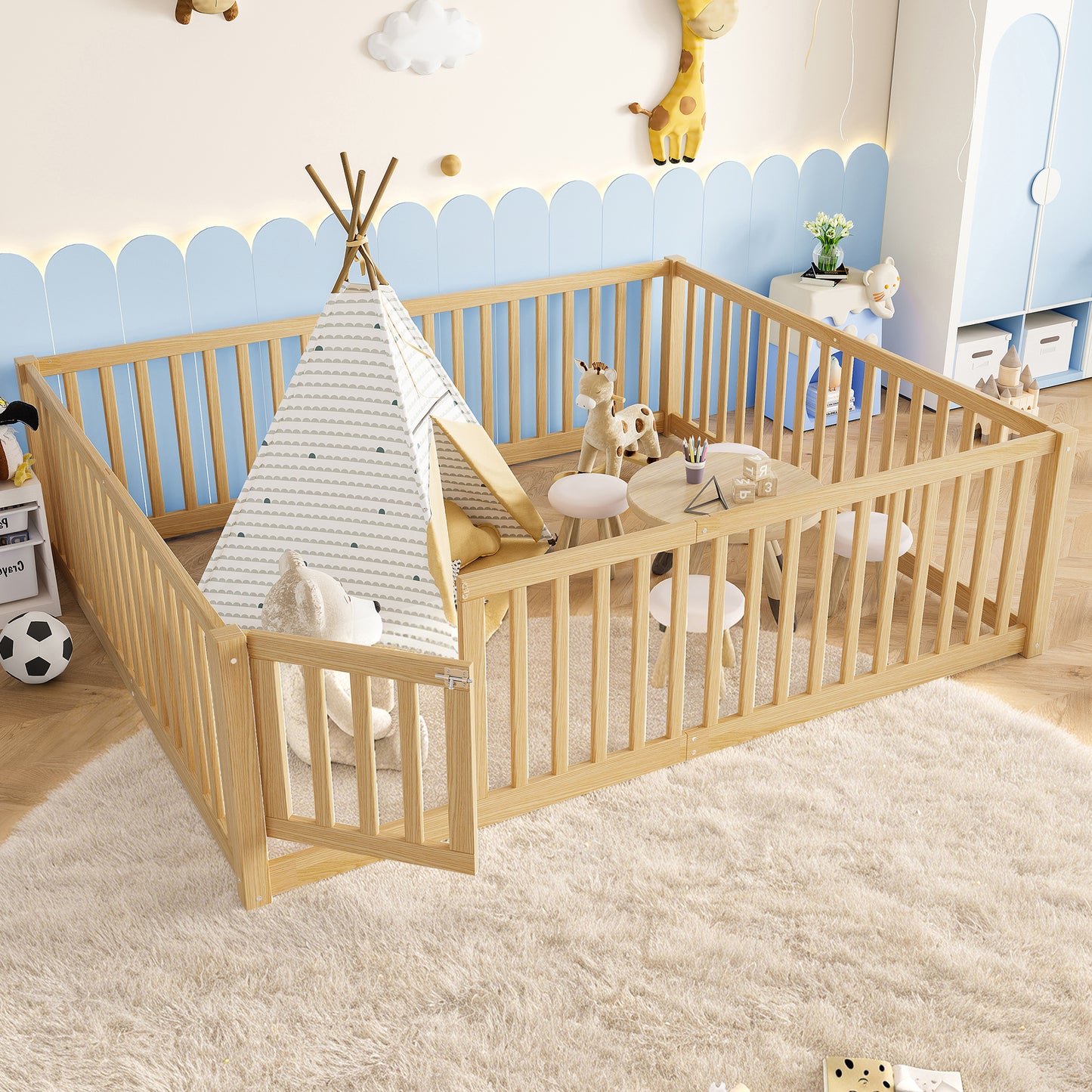 variant-group:rf-w1580p417673|Roomfitters Queen Size Wooden Floor Bed with Safety Guardrails Door, Solid Wood Low Profile Toddler Bed Frame, Natural