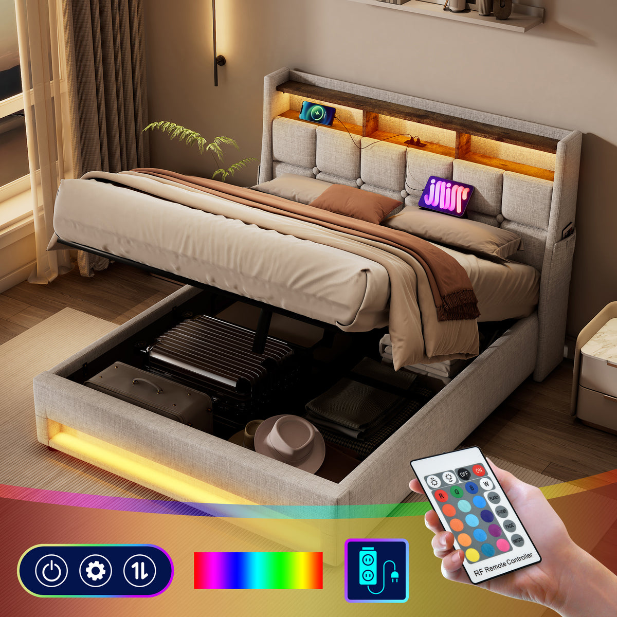 variant-group:rf-n736aa20690708b|Roomfitters Full Size Upholstered Platform Bed with Storage System, USB Charging Ports, Natural