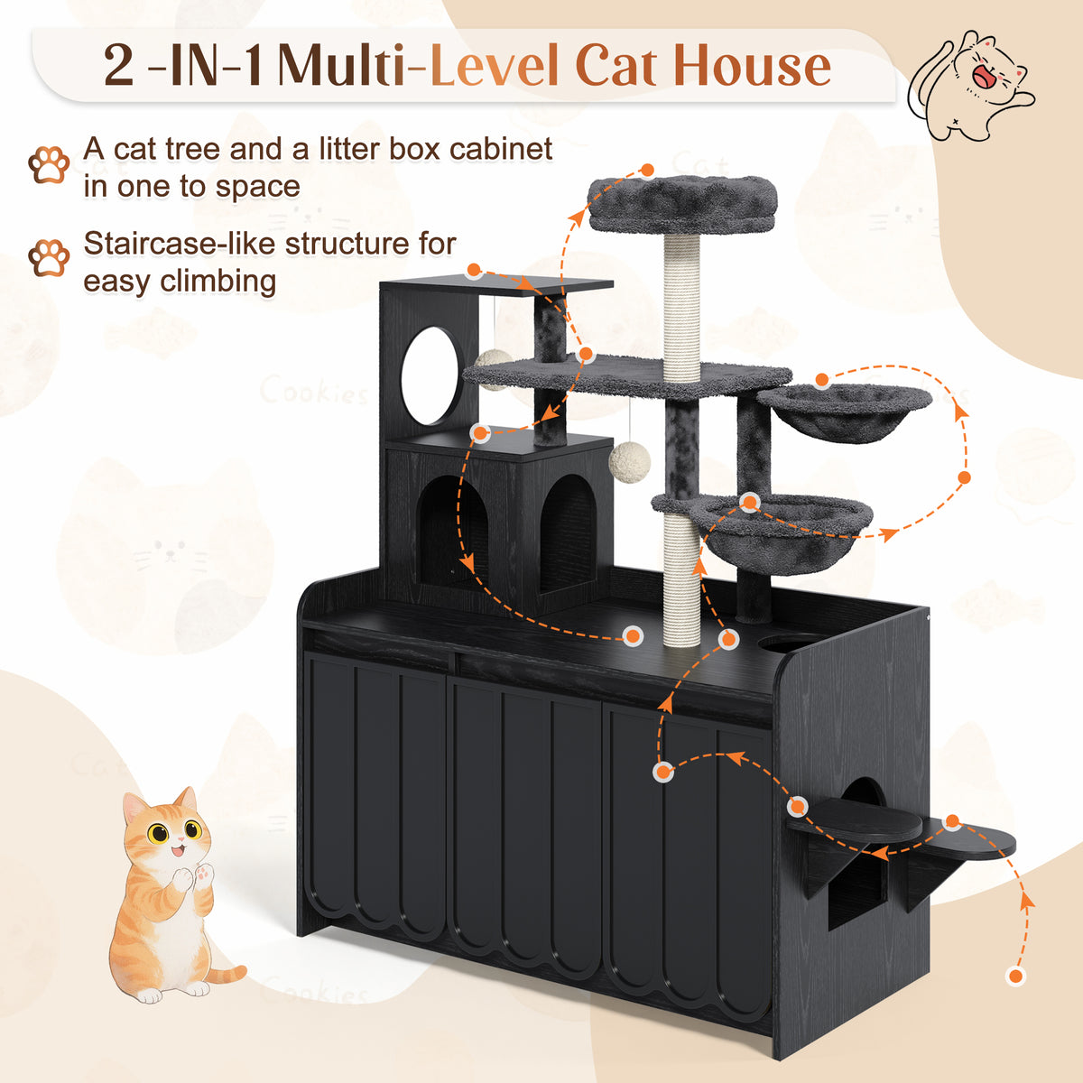 variant-group:rf-n704p443505b|Roomfitters All-in-One Modern Multi-Level Cat Tree Tower Condo with Hidden Litter Box Enclosure Space Black