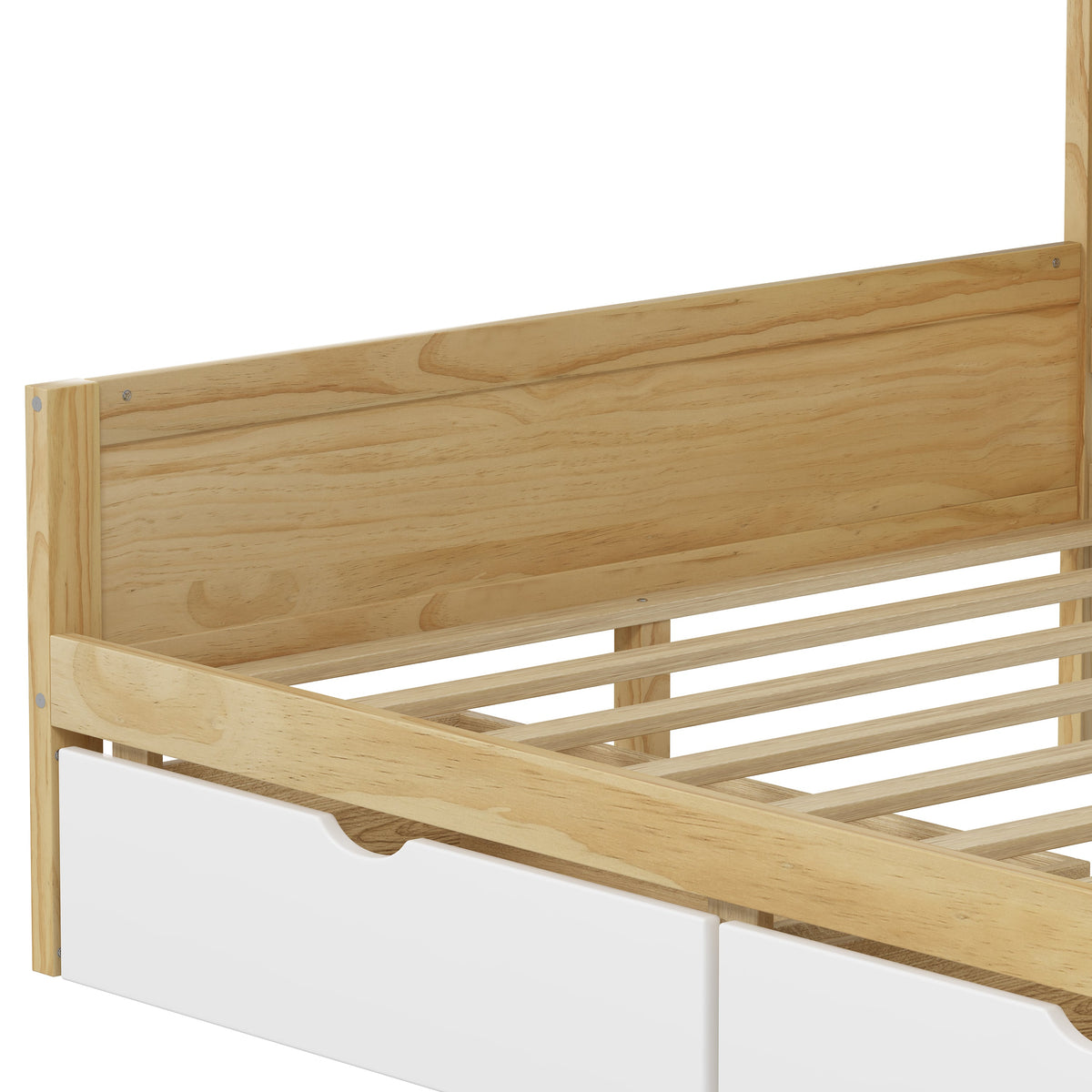 Roomfitters Wooden L-Shape Daybed with Seven Storage Cabinets and Two Storage Compartments, Multi-functional Bed with Study Desk and Built-in Bookshelf, Natural+White