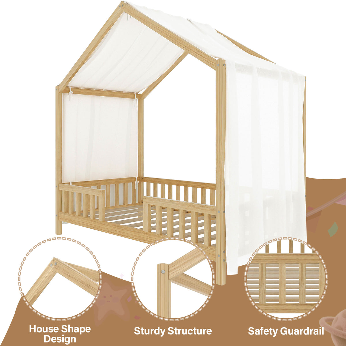 variant-group:rf-n733p356043m|Roomfitters Twin Montessori Floor Bed with Canopy, House Shape Wood Frame with Safety Rails, Youth Platform Bed, Natural