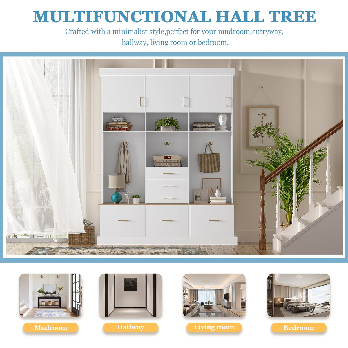 Roomfitters 5-in-1 Modern Entryway Hall Tree, 6 Drawers, 3 Wardrobe Cupboards, White Roomfitters