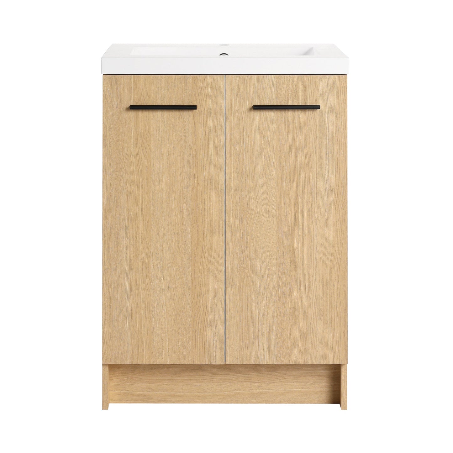 24" Freestanding Bathroom Vanity with Resin Sink, Light Oak, Double Door Storage, KD (Ready-to-Assemble), Includes Black & Brushed Aluminum Handles Roomfitters