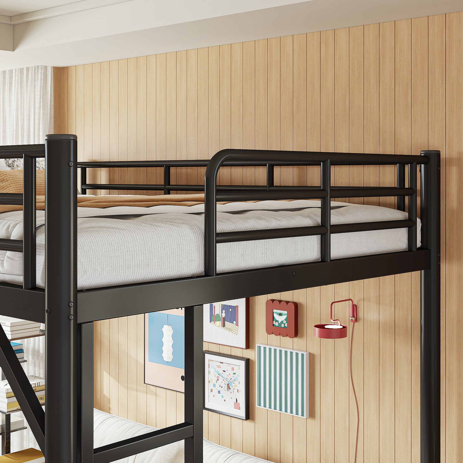 variant-group:rf-w1580p455015|Roomfitters Full Size Metal Loft Bed Frame with Guardrails, Heavy Duty Space Saving High Loft Bed Dual Ladders, Black