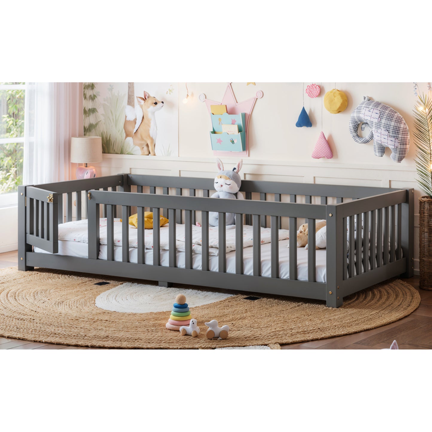 variant-group:rf-w1580p462312|Roomfitters Twin Size Wooden Floor Bed Frame with Safety Guardrails Door, Solid Wood Low Profile Toddler Play Bed, Gray